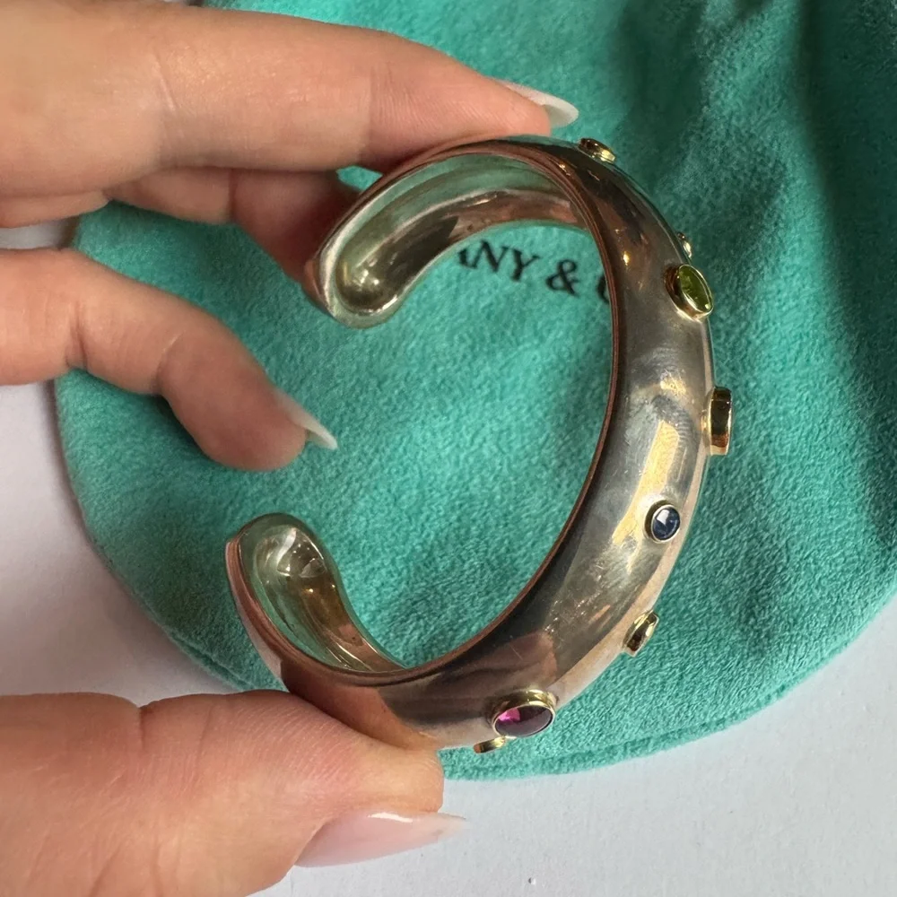 Tiffany & Co Sterling Silver and 18K Gold Multi-Gemstone Cuff 6" Wrist 85.6g - Picture 2 of 16